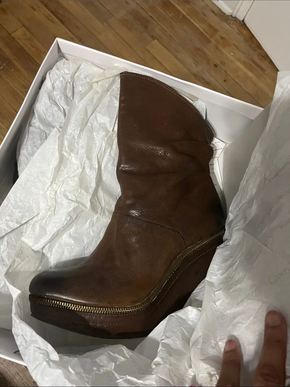 Calvin Klein Dark Brown Leather Wedge Ankle Boots